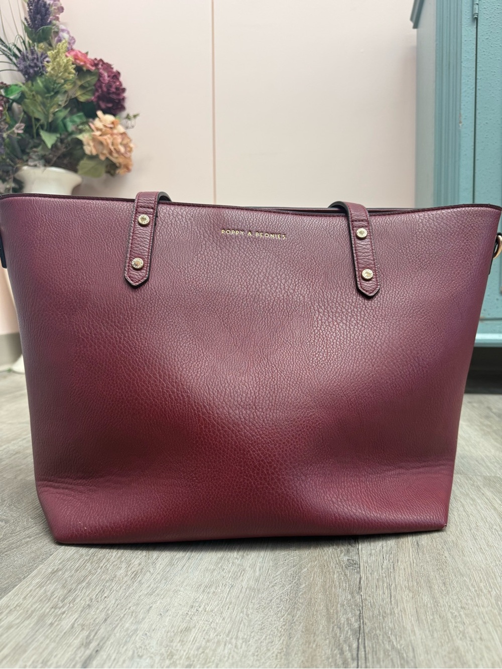 Poppy & Peonies Burgundy Tote Bag | Large Laptop & Tumbler Work Tote